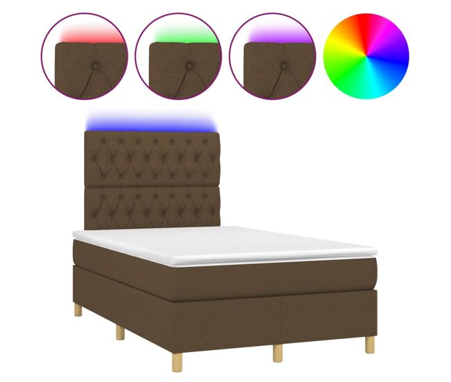 Cama box spring con colchón y led tela marrón oscuro 120x200 cm diseño de botones