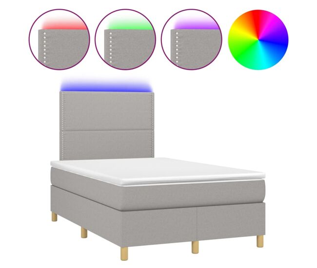 Cama box spring con colchón tela y led gris claro 120x200 cm liso con clavos