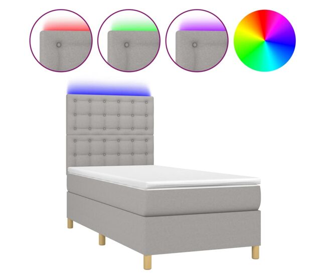 Cama box spring colchón y luces led tela gris claro 90x190 cm botones