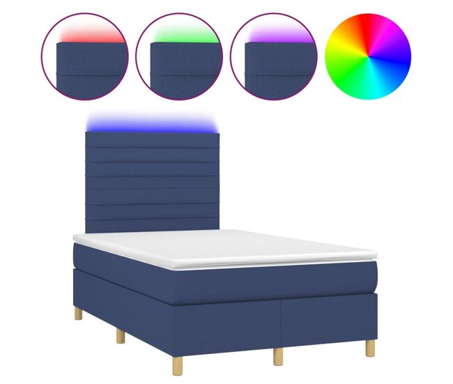 Cama box spring con colchón y led tela azul 120x200 cm rayas horizontales