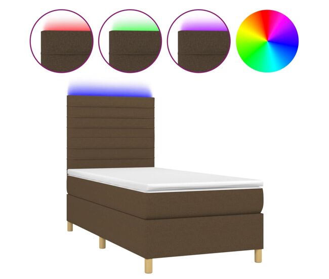 Cama box spring colchón y luces led tela marrón oscuro 80x200cm rayas horizontales