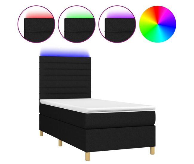 Cama box spring colchón y luces led tela negro 80x200 cm rayas horizontales