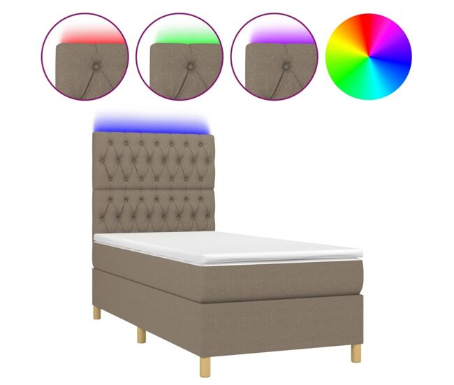 Cama box spring colchón y luces led tela gris taupe 100x200 cm diseño de botones