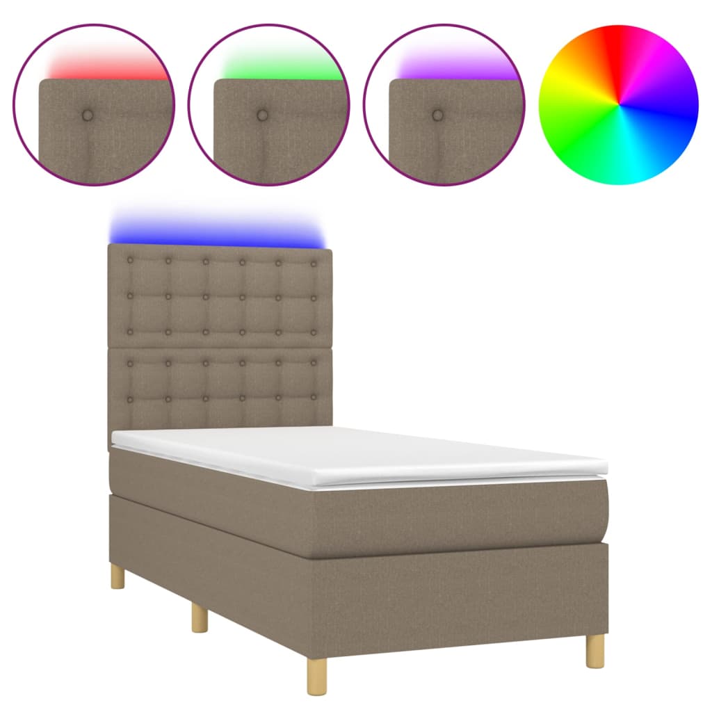 Cama box spring colchón y luces led tela gris taupe 100x200 cm botones