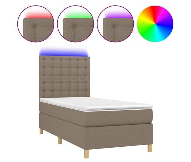 Cama box spring colchón y luces led tela gris taupe 100x200 cm botones