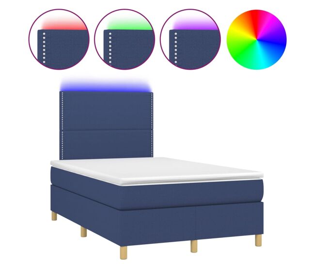 Cama box spring con colchón y led tela azul 120x200 cm liso con clavos