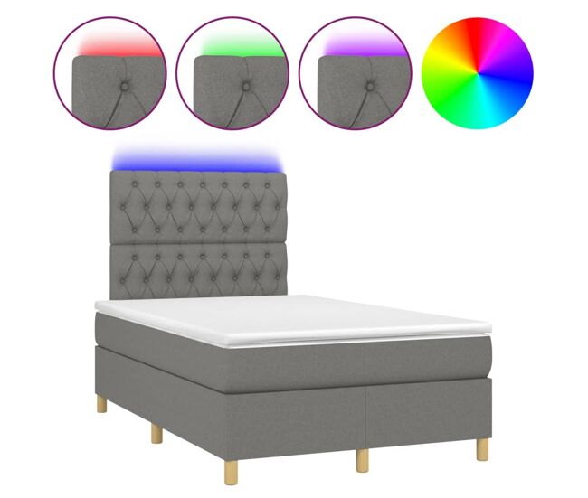 Cama box spring con colchón y led tela gris oscuro 120x200 cm diseño de botones