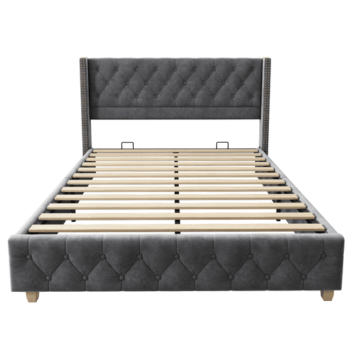 Cama de adulto estofada em veludo - 160x200 cm - com estrado de molas - Cinzento