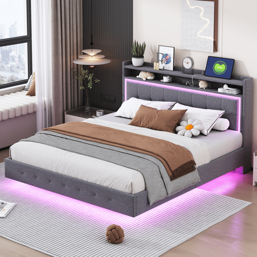 Cama estofada em linho 160x200 cm - com tomada USB e LED - Cinzento Cama estofada em linho 160x200 cm - com tomada USB e LED - Cinzento