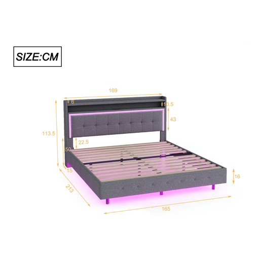 Cama estofada em linho 160x200 cm - com tomada USB e LED - Cinzento Cama estofada em linho 160x200 cm - com tomada USB e LED - Cinzento