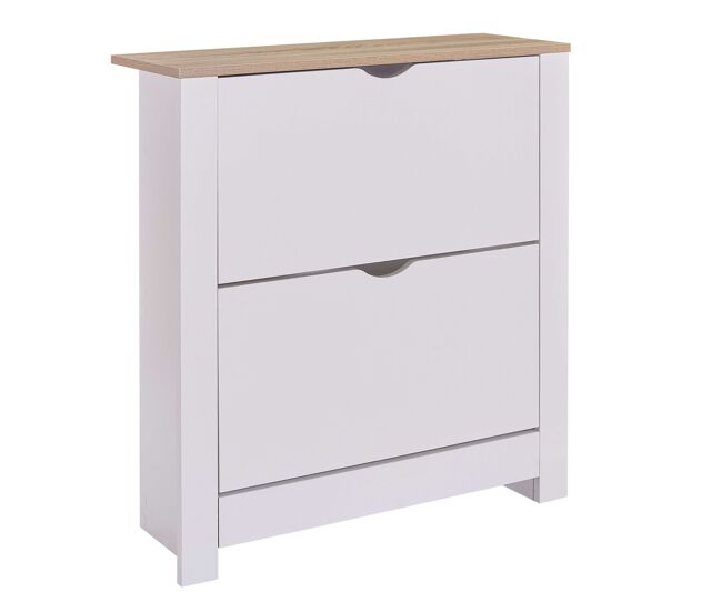 Zapatero, mueble recibidor 2 trampones tivoli melamina blanco y roble 81x74x24 cm
