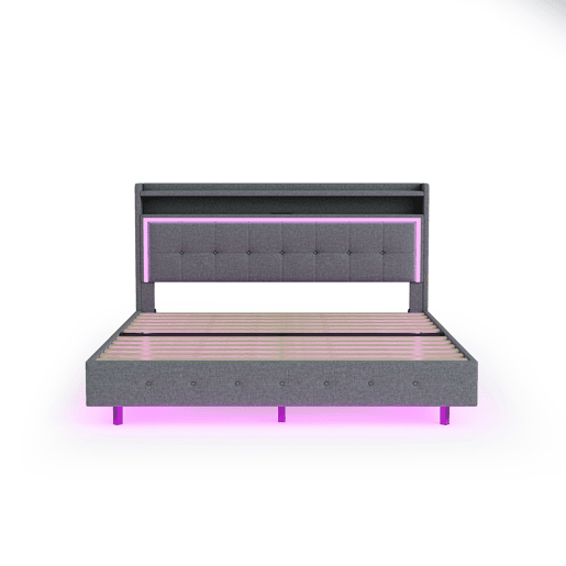 Cama estofada em linho 140x200 cm - com tomada USB e LED - Cinzento Cama estofada em linho 140x200 cm - com tomada USB e LED - Cinzento