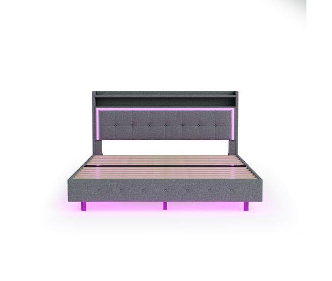 Cama acolchada de tejido de lino 140x200 cm - con toma usb y led - gris