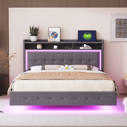 Cama estofada em linho 140x200 cm - com tomada USB e LED - Cinzento Cama estofada em linho 140x200 cm - com tomada USB e LED - Cinzento