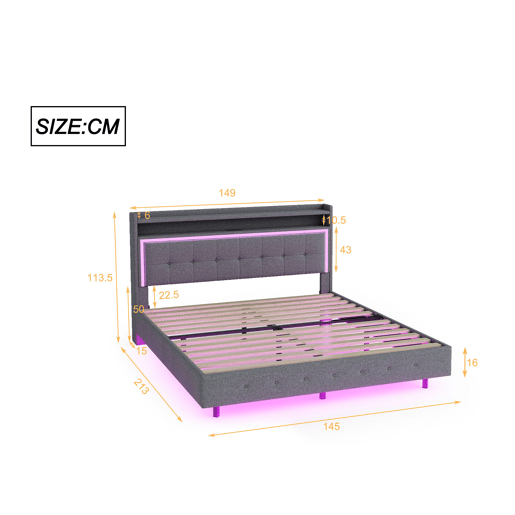 Cama estofada em linho 140x200 cm - com tomada USB e LED - Cinzento Cama estofada em linho 140x200 cm - com tomada USB e LED - Cinzento