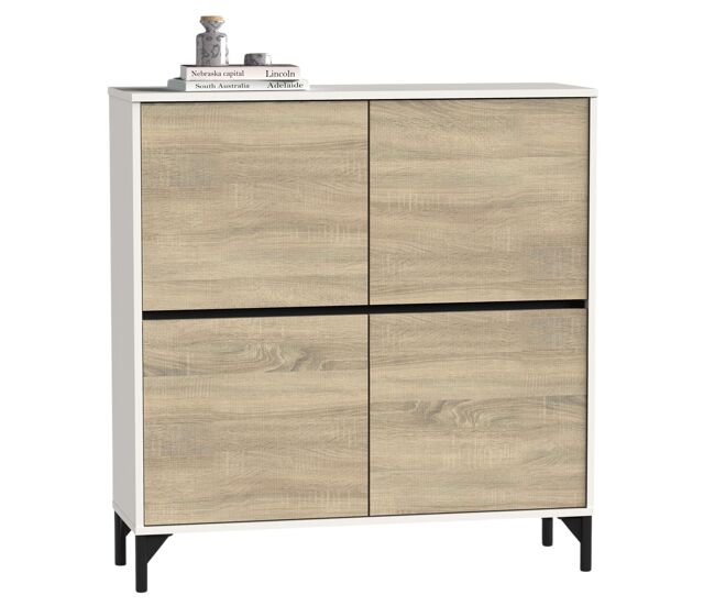 Mueble recibidor zapatero tokio 4 puertas 5 baldas mueble pasillo color blanco mate y roble cambrian 101 cm