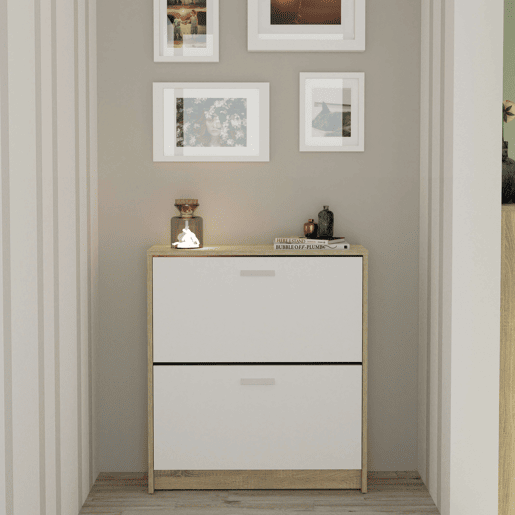 Sapateira Tibetana de 2 portas, carvalho cambriano e branco, 74 cm Sapateira Tibetana de 2 portas, carvalho cambriano e branco, 74 cm