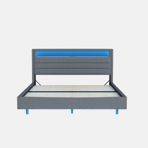 Cama estofada em linho 160x200 cm - com tomada USB e LED - cabeceira reversível - Cinzento