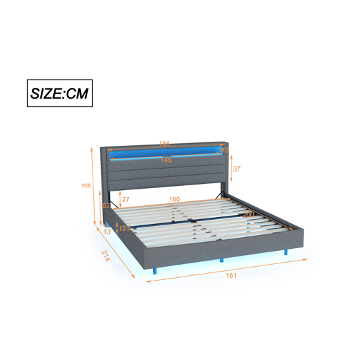 Cama estofada em linho 160x200 cm - com tomada USB e LED - cabeceira reversível - Cinzento