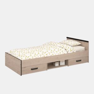 Cama Youth Village em carvalho e preto com 2 gavetas e 1 nicho, móvel de quarto, 90x200 cm