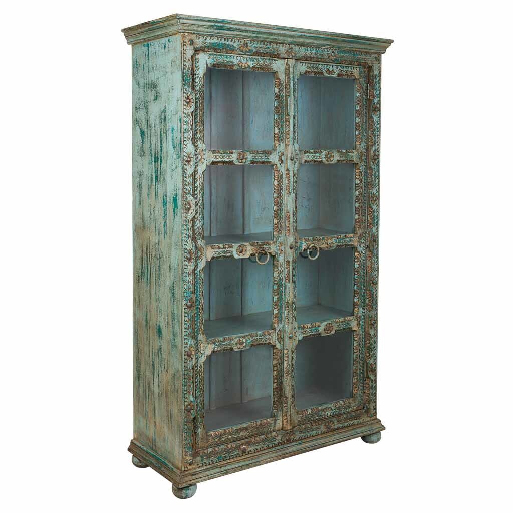 Vitrina de madera tallada 106x43x180 azul
