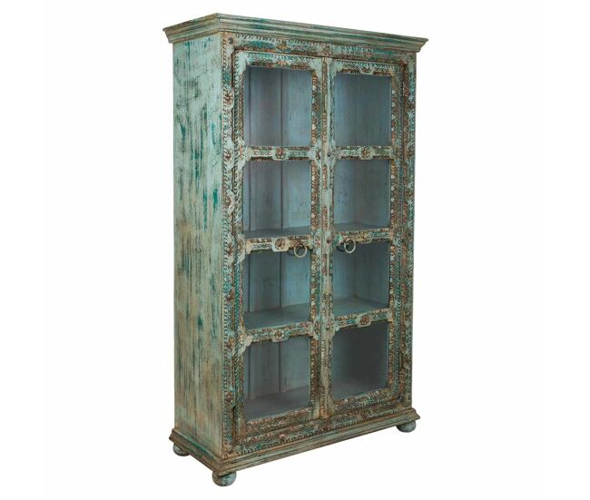 Vitrina de madera tallada 106x43x180 azul