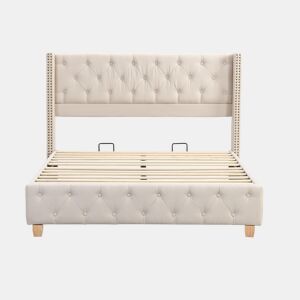 Cama de adulto estofada em linho - 160x200 cm - com estrado de molas - Bege