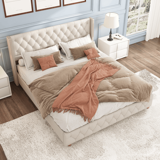 Cama de adulto estofada em linho - 160x200 cm - com estrado de molas - Bege