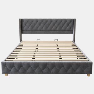 Cama para adultos estofada em veludo - 180x200 cm - com estrado - Cinza