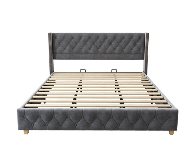 Cama para adultos acolchada de terciopelo - 180x200 cm - con somier - gris