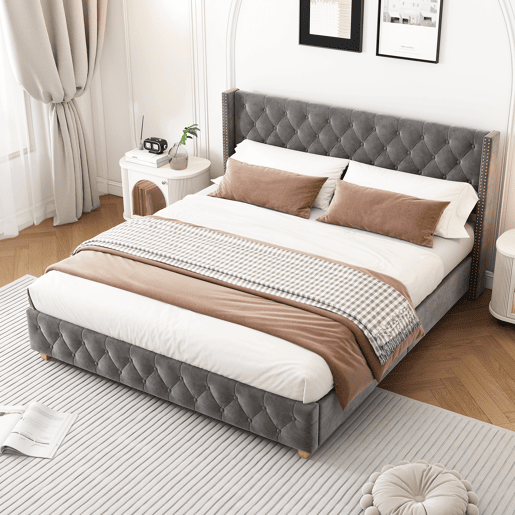 Cama para adultos estofada em veludo - 180x200 cm - com estrado - Cinza