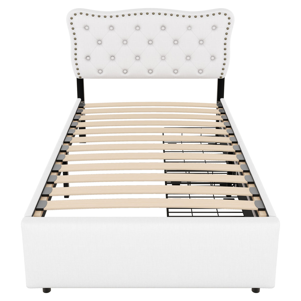 Cama tapizada en tela de lino con 2 cajones - 90x200 cm - cabecero decorado con remaches - beige