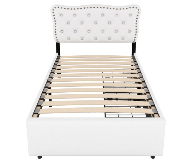 Cama tapizada en tela de lino con 2 cajones - 90x200 cm - cabecero decorado con remaches - beige