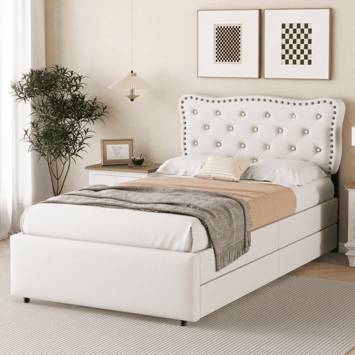 Cama estofada em tecido de linho com 2 gavetas - 90x200 cm - cabeceira decorada com rebites - Bege