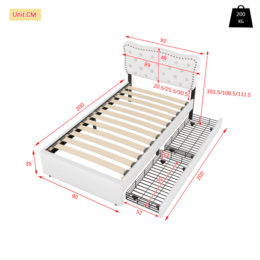 Cama estofada em tecido de linho com 2 gavetas - 90x200 cm - cabeceira decorada com rebites - Bege