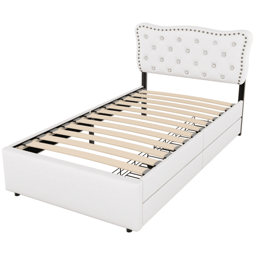 Cama estofada em tecido de linho com 2 gavetas - 90x200 cm - cabeceira decorada com rebites - Bege