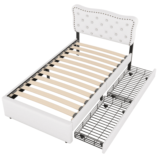 Cama estofada em tecido de linho com 2 gavetas - 90x200 cm - cabeceira decorada com rebites - Bege