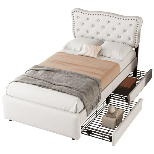 Cama estofada em tecido de linho com 2 gavetas - 90x200 cm - cabeceira decorada com rebites - Bege