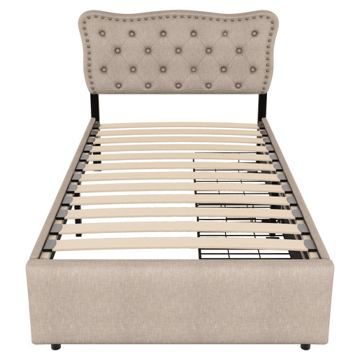 Cama estofada em linho com 2 gavetas - 90x200 cm - cabeceira decorada com rebites - Taupe