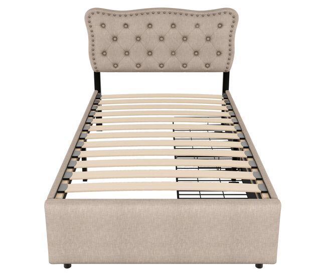 Cama tapizada en tela de lino con 2 cajones - 90x200 cm - cabecero decorado con remaches - taupe