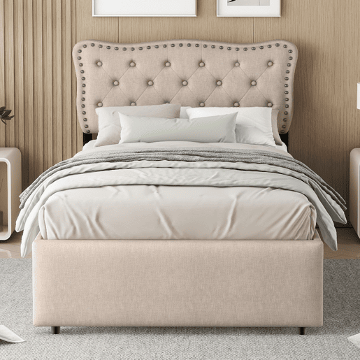 Cama estofada em linho com 2 gavetas - 90x200 cm - cabeceira decorada com rebites - Taupe