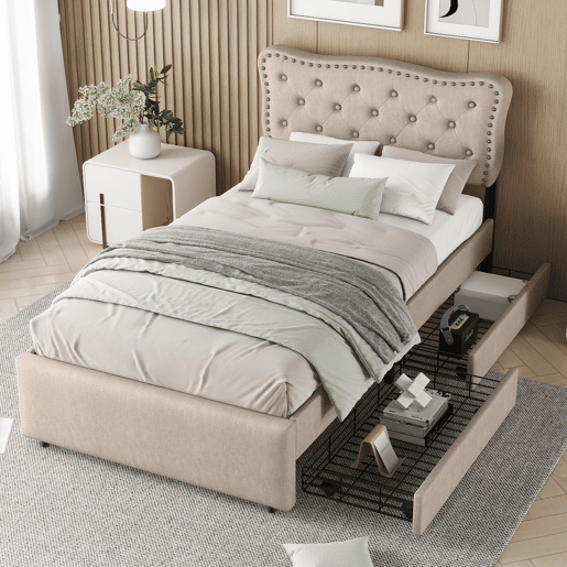 Cama estofada em linho com 2 gavetas - 90x200 cm - cabeceira decorada com rebites - Taupe