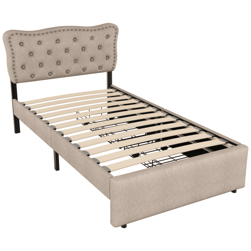 Cama estofada em linho com 2 gavetas - 90x200 cm - cabeceira decorada com rebites - Taupe