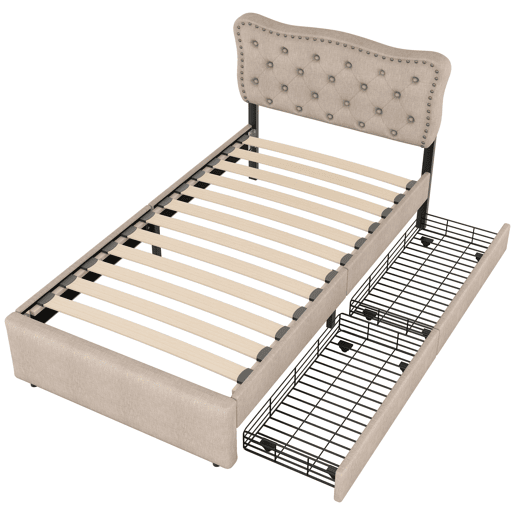 Cama estofada em linho com 2 gavetas - 90x200 cm - cabeceira decorada com rebites - Taupe