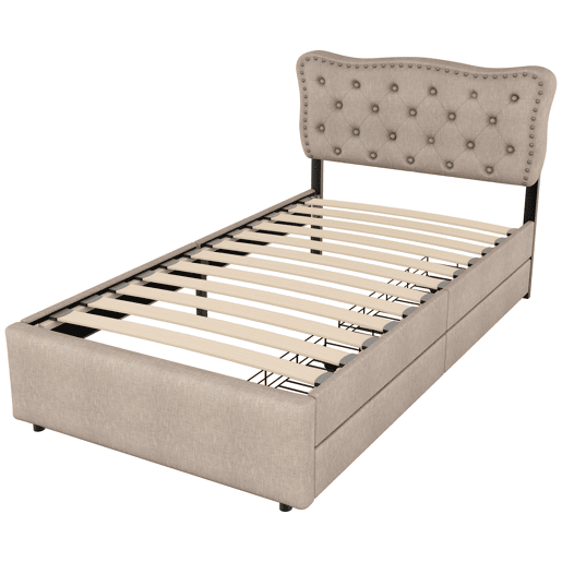 Cama estofada em linho com 2 gavetas - 90x200 cm - cabeceira decorada com rebites - Taupe