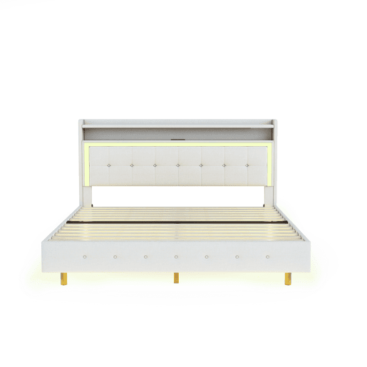 Cama estofada em linho 140x200 cm - com tomada USB e LED - Bege