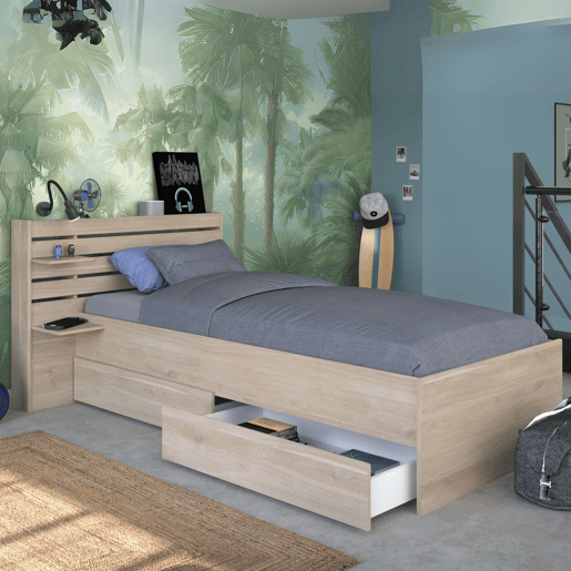 Cama Eik Jovem com 2 Gavetas Inferiores Carvalho Japonês 90x190-200