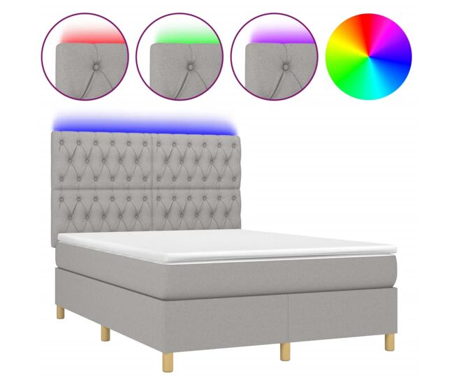 Cama box spring colchón y luces led tela gris claro 140x190 cm diseño de botones