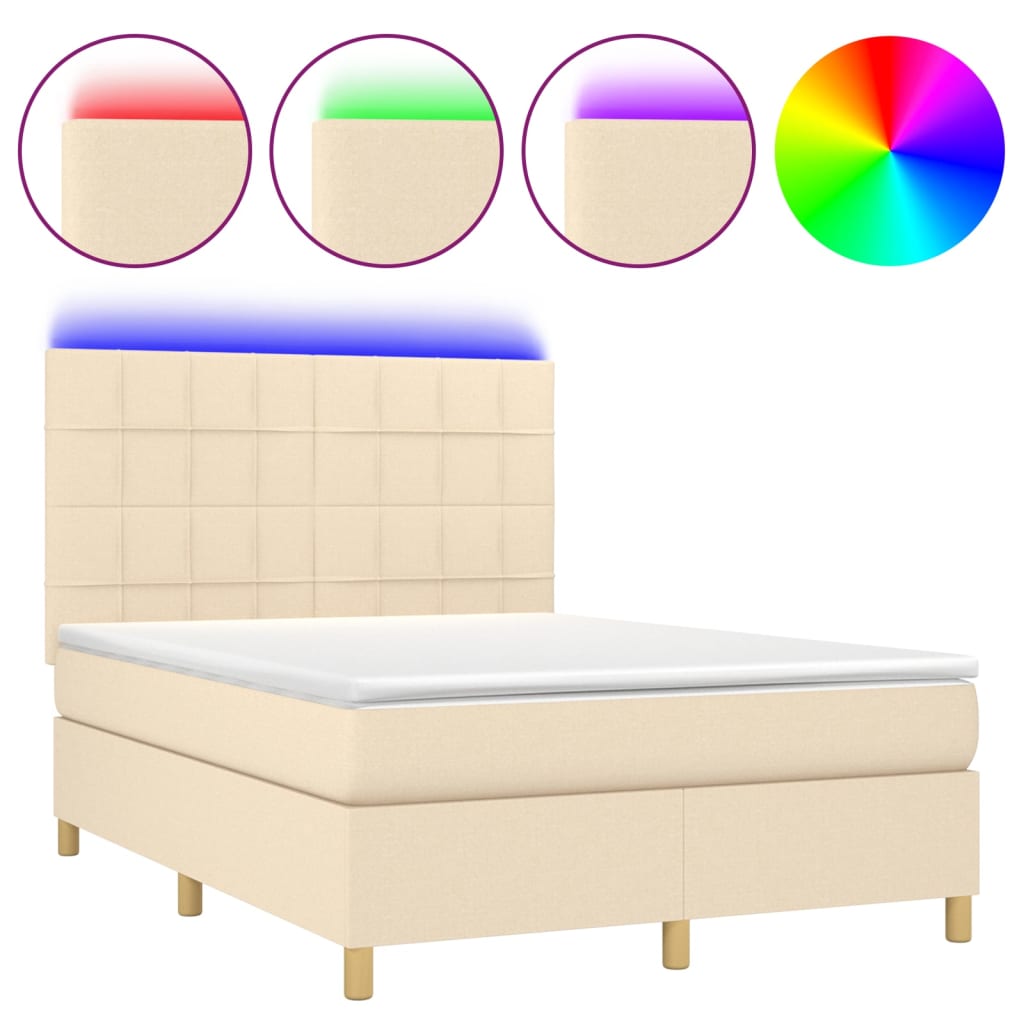 Cama box spring colchón y luces led tela crema 140x200 cm bloques con cuadros