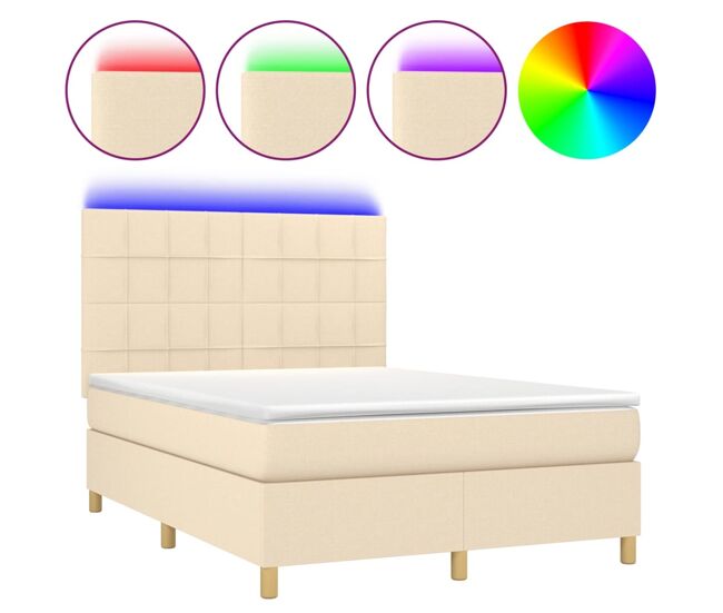 Cama box spring colchón y luces led tela crema 140x200 cm bloques con cuadros